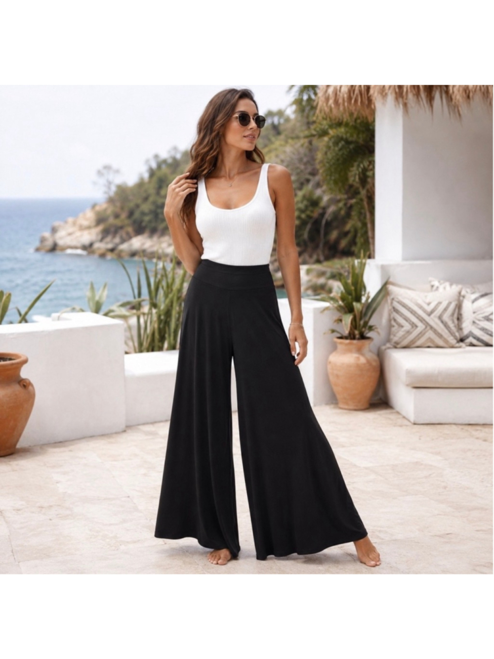 Clara Sun Woo Wide Leg High Rise Palazzo Pants Black Women's Size M Minimalist